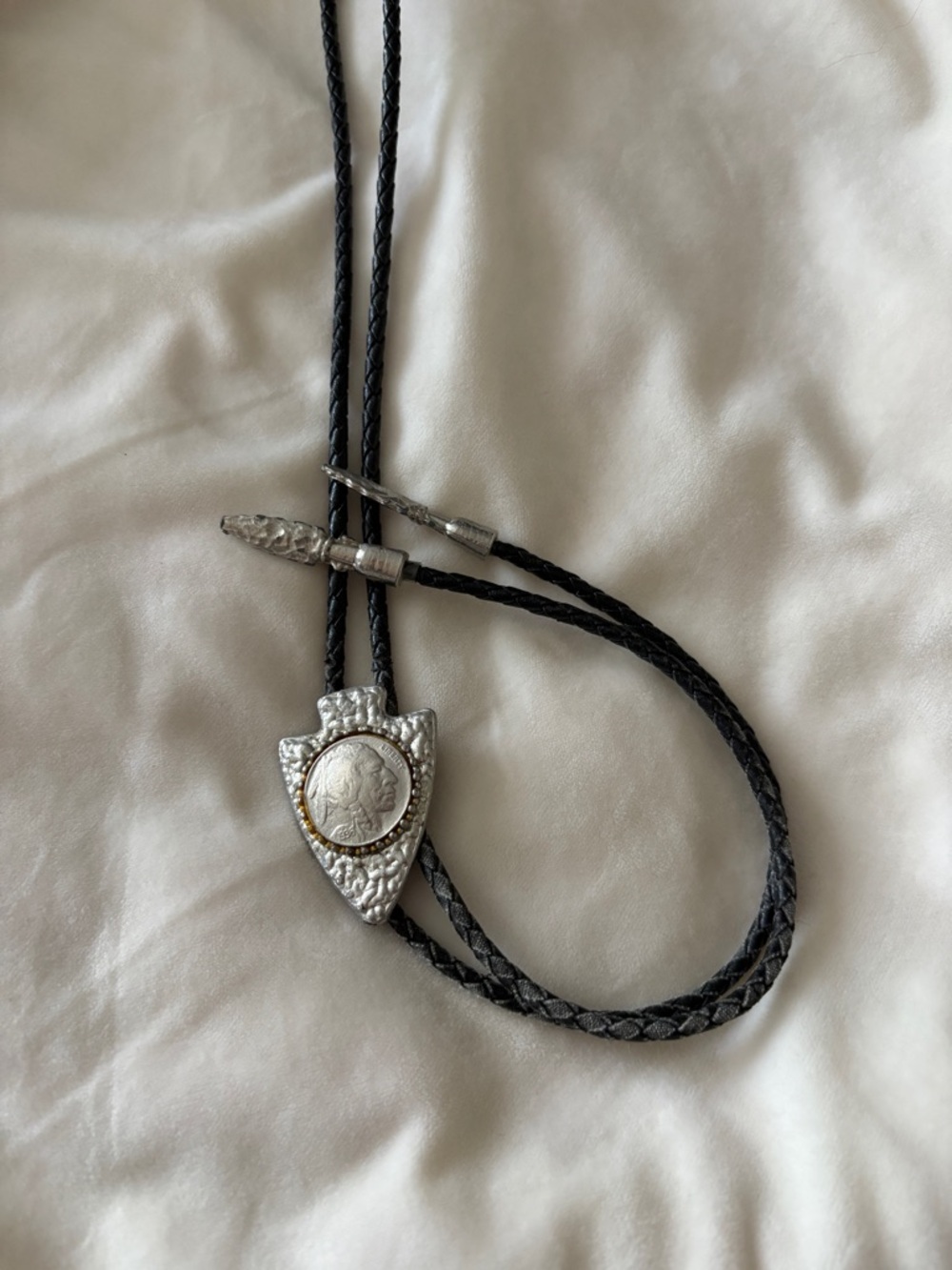 Sarah Coventry Black Braided Leather Bolo Tie with Silver-Tone Shield Medallion
